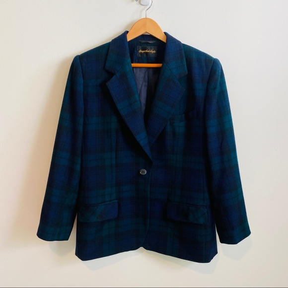 Vintage Forest Green, Navy Blue, with Black Plaid Check Single Breasted Blazer - Picture 5 of 10